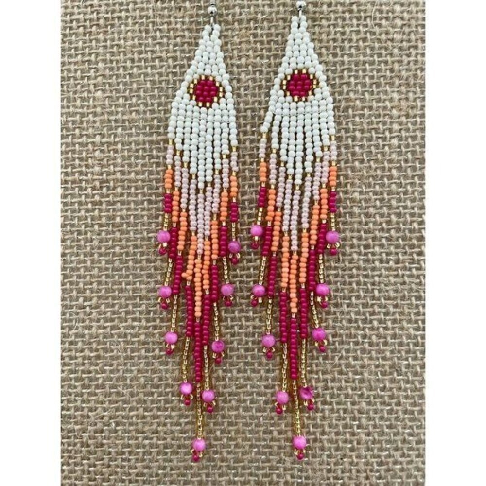 Handmade Miyuki Seed Bead Fringe Dangling Earrings Cactus Flower NWT - Picture 2 of 9